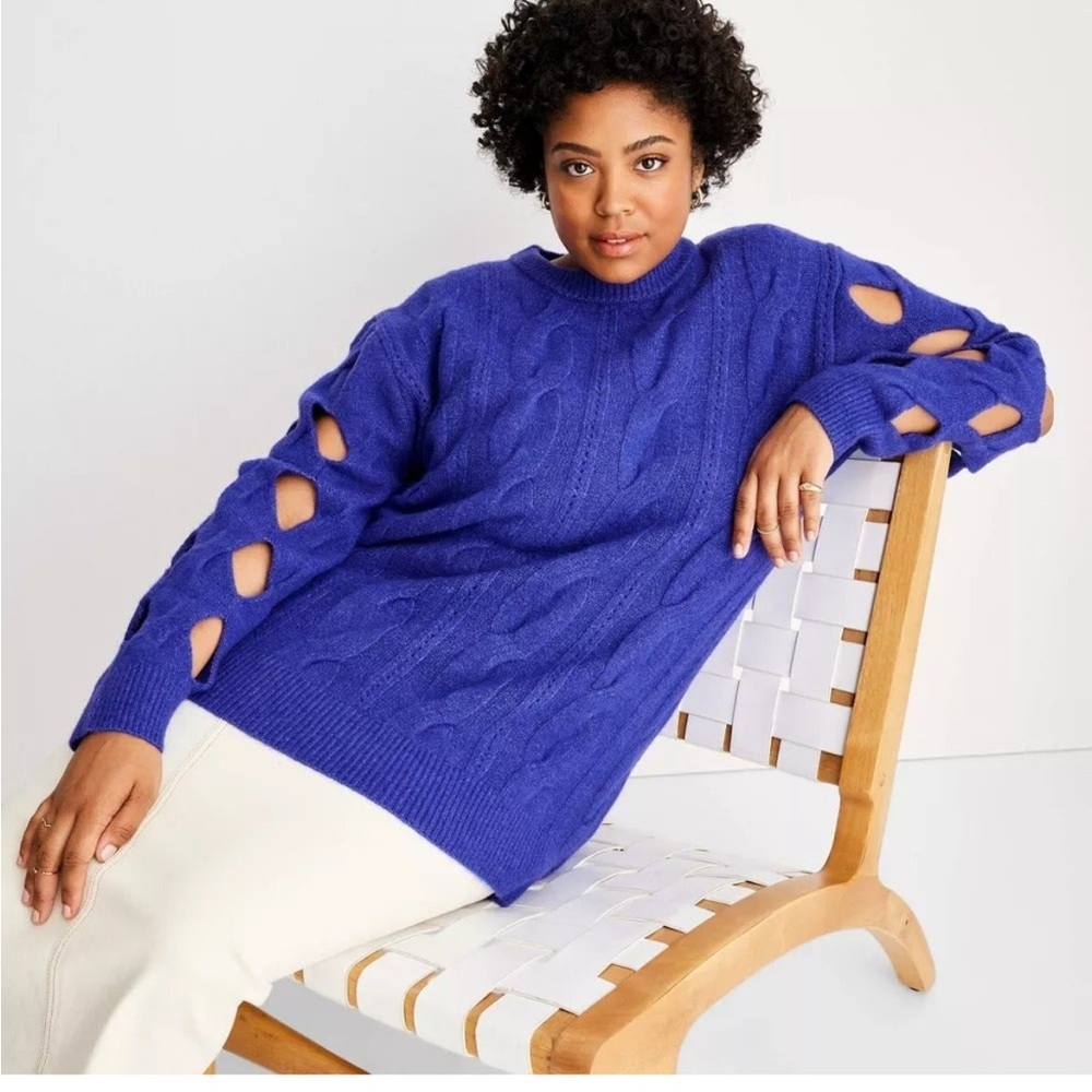 NEW XL Future Collective Women's Cable Knit Sweater with diamond cutout sleeves